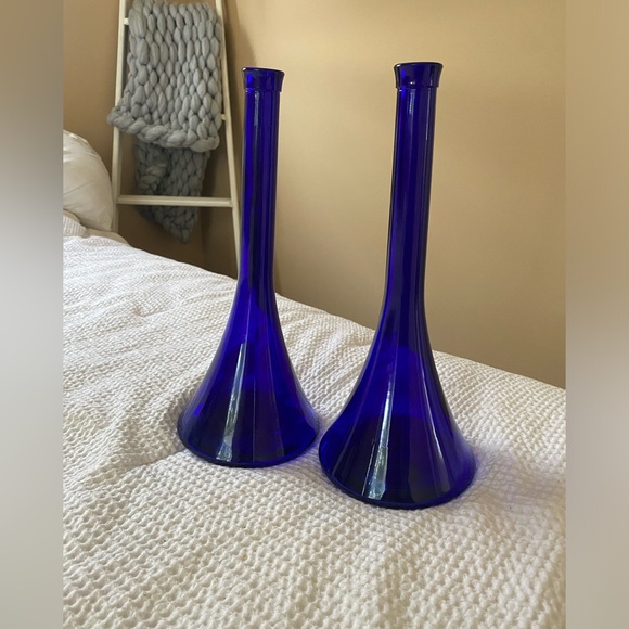Two Vintage Mid-Century Modern Cobalt Blue Decanter, Vase, Bottle, Funky Retro - Picture 1 of 7